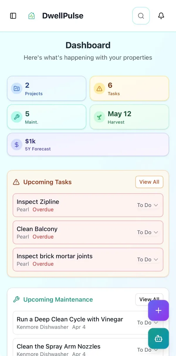 DwellPulse Dashboard showing tasks, projects, and maintenance at a glance